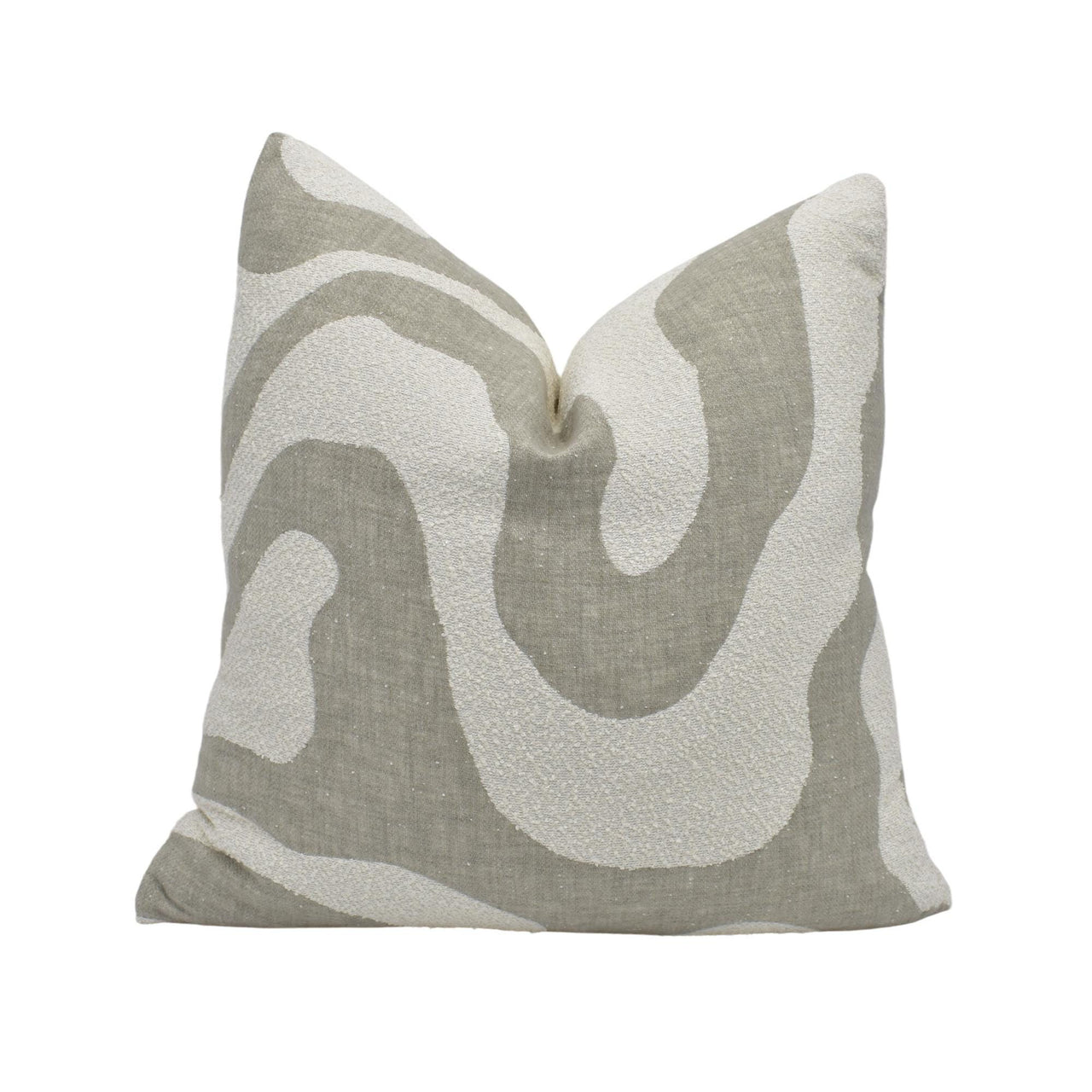 a gray and white pillow on a white background