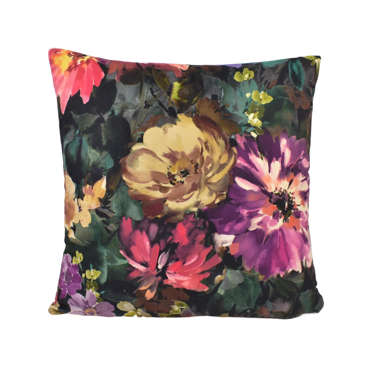 a colorful floral pillow on a white background