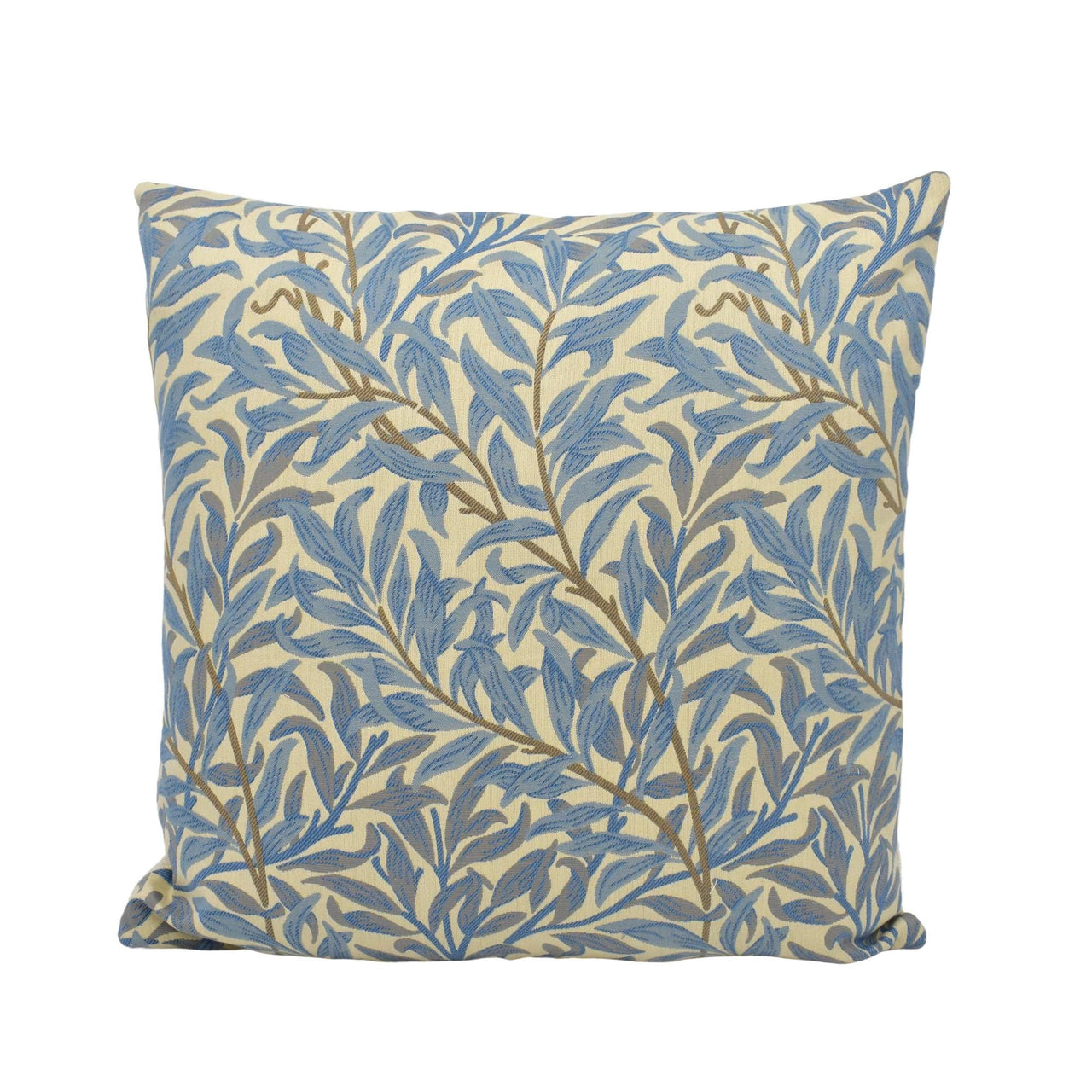 a blue and white pillow with a leaf pattern