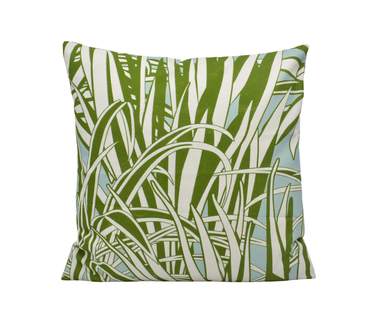 a green and white pillow with a plant print