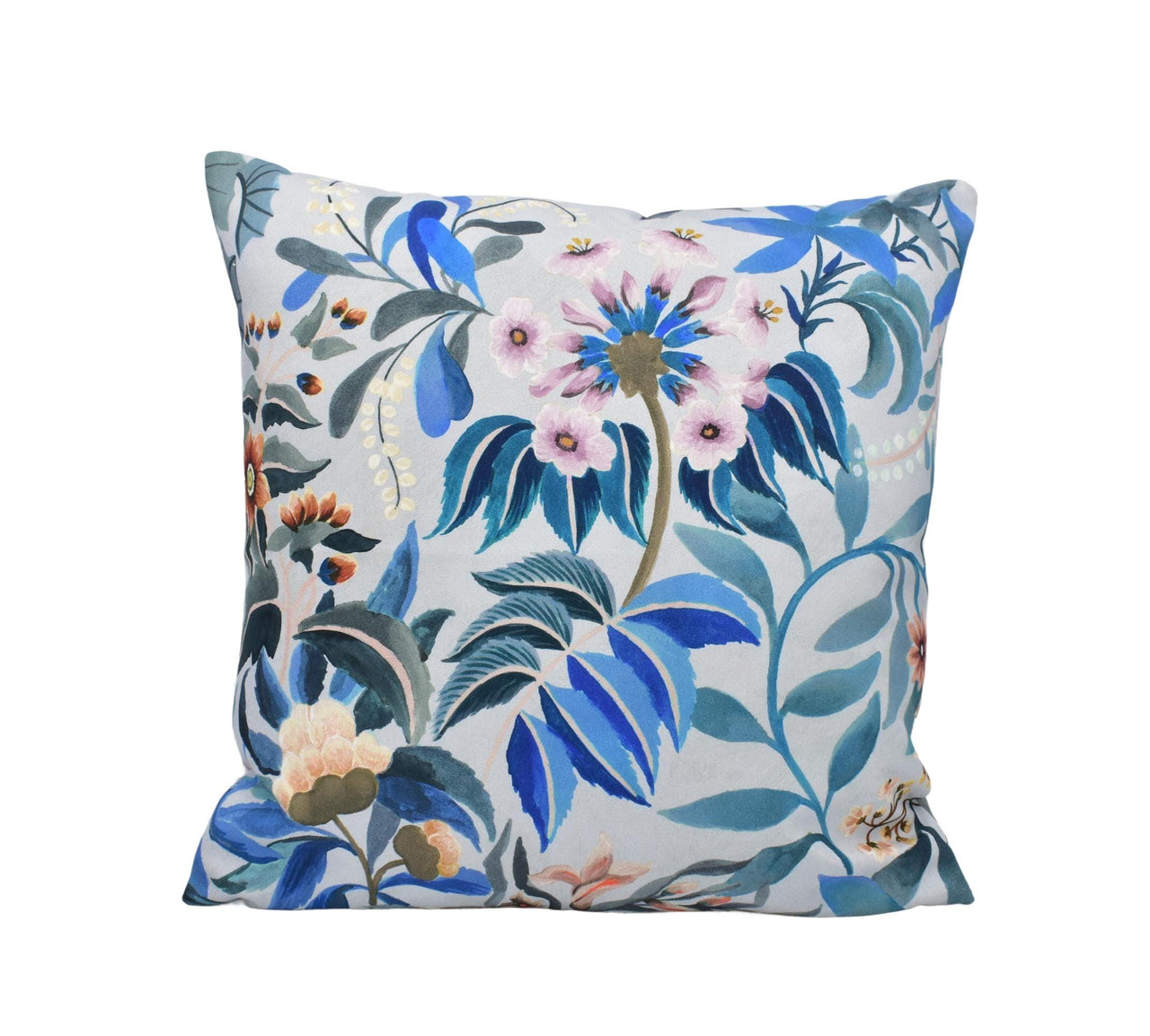 a blue and white pillow with flowers on it