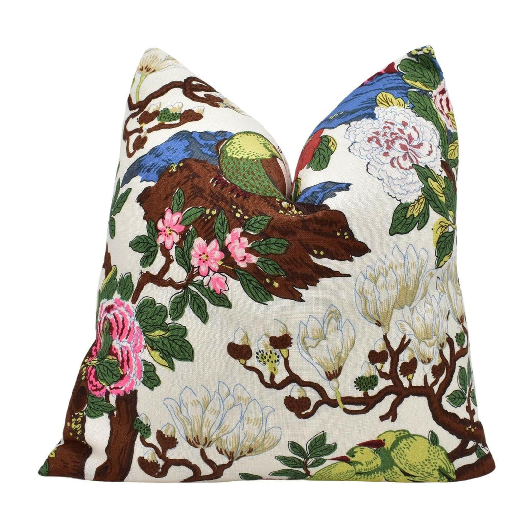 GP & J Baker - Rockbird Signature - Cream - White Floral Magnolia Bird Cushion Cover - Colourful Chinese Pheasant Exotic Botanical Pillow.
