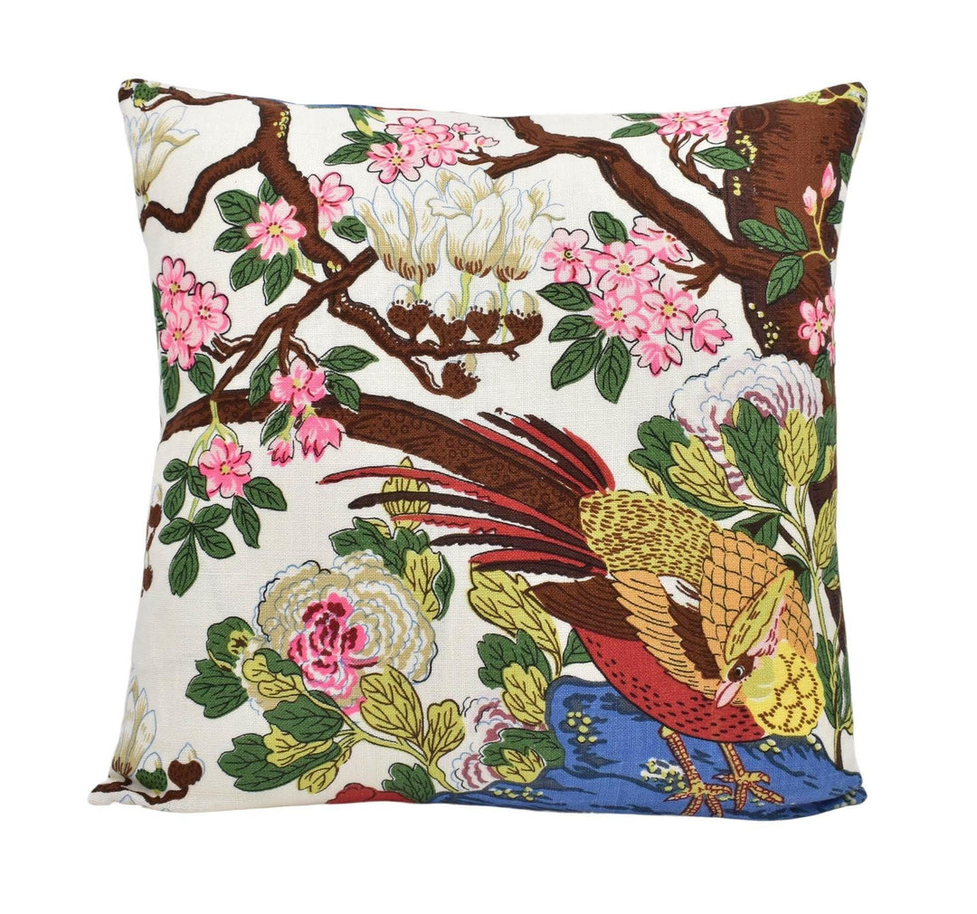 GP & J Baker - Rockbird Signature - Cream - White Floral Magnolia Bird Cushion Cover - Colourful Chinese Pheasant Exotic Botanical Pillow.