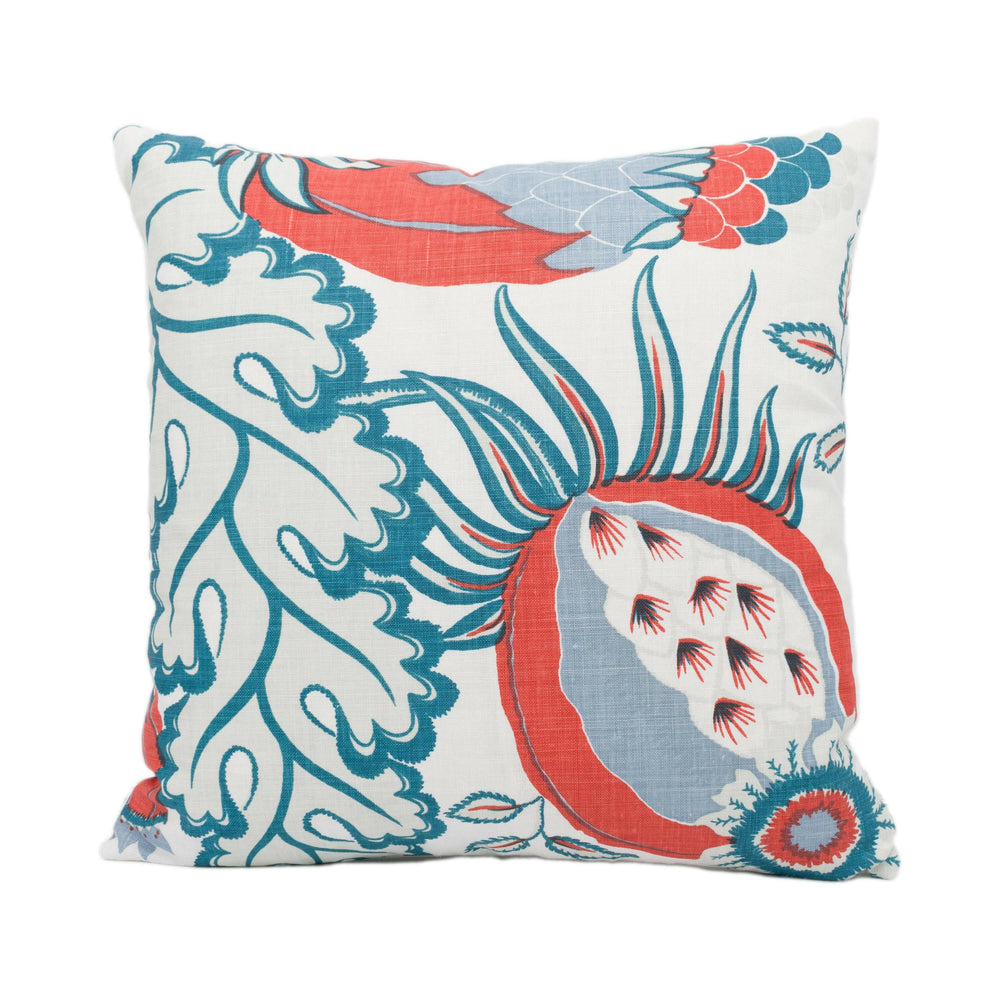 Christopher Farr x Michael Szell - Carnival - Coral - Bold Statement Pomegranate Floral Designer Cushion Cover White Teal Exotic Pillow.
