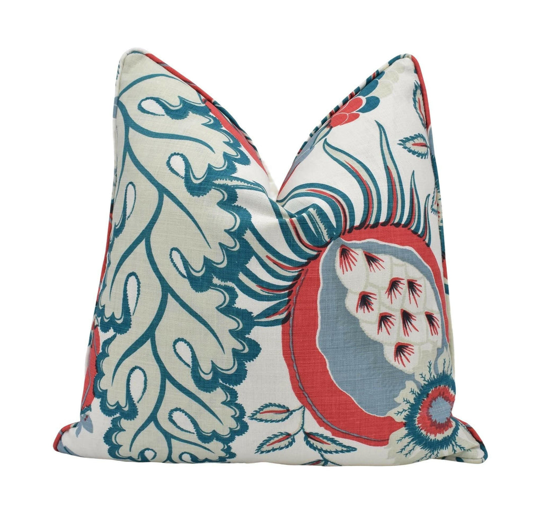 Christopher Farr x Michael Szell - Carnival - Coral - Bold Statement Pomegranate Floral Designer Cushion Cover White Teal Exotic Pillow.