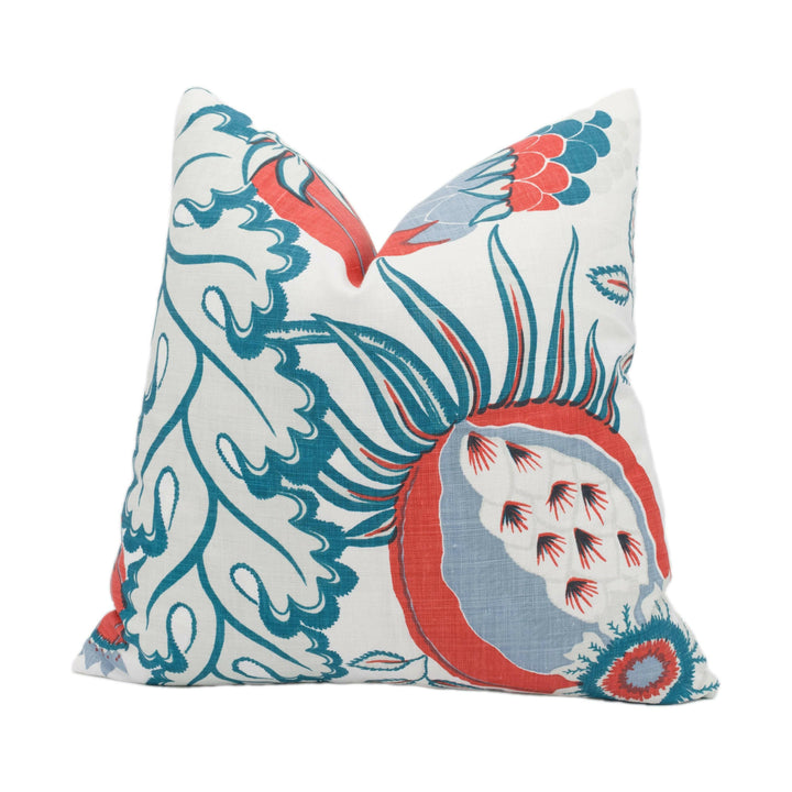 Christopher Farr x Michael Szell - Carnival - Coral - Bold Statement Pomegranate Floral Designer Cushion Cover White Teal Exotic Pillow.