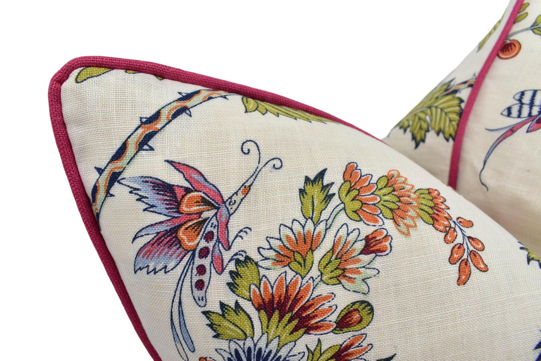 Schumacher - Campagne - Persimmon & Pink - Lush Lively French Floral Designer Cushion Cover - Exotic Botanical Peacock Handmade Pillow.