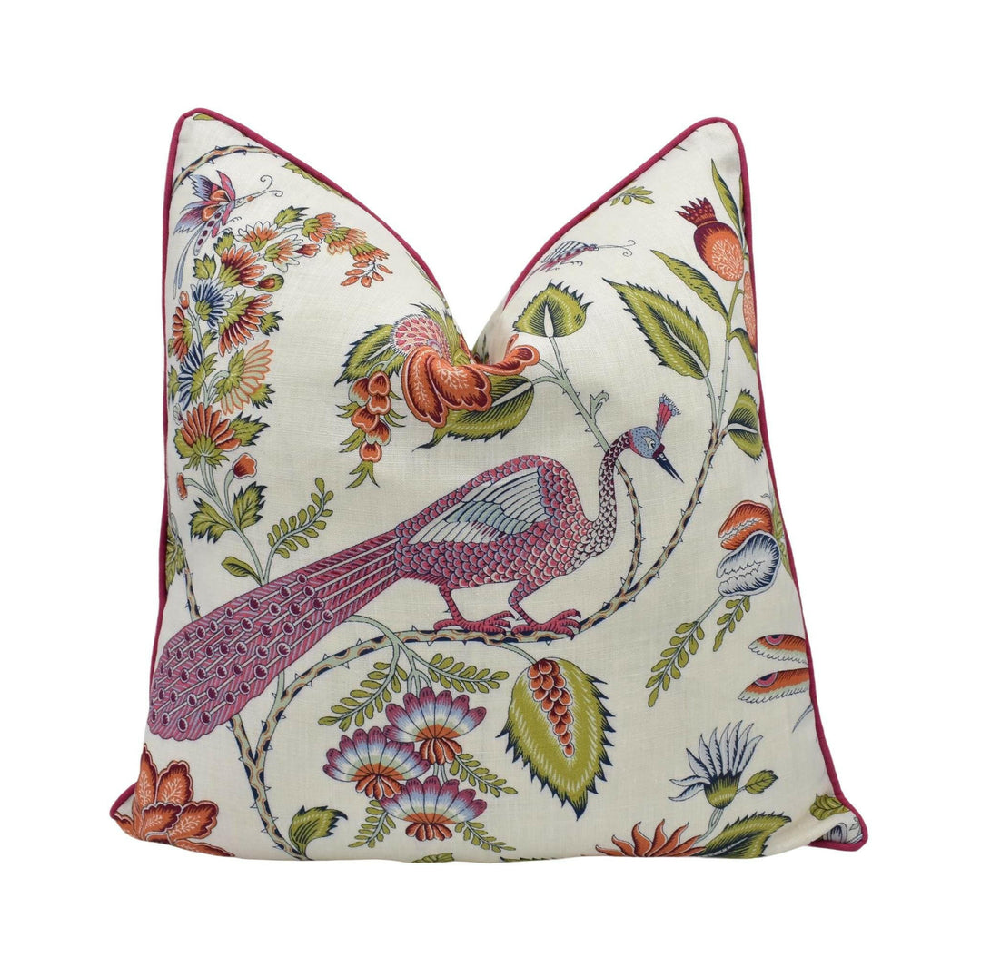 Schumacher - Campagne - Persimmon & Pink - Lush Lively French Floral Designer Cushion Cover - Exotic Botanical Peacock Handmade Pillow.