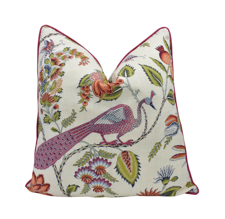 Schumacher - Campagne - Persimmon & Pink - Lush Lively French Floral Designer Cushion Cover - Exotic Botanical Peacock Handmade Pillow.