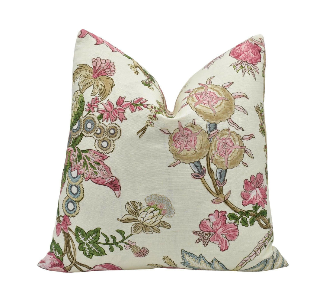 Thibaut - Chatelain - Pink - Designer French Floral Jacobean Cushion Cover - Cream Blush Green Preppy Chic Tree of Life Handmade Pillow.