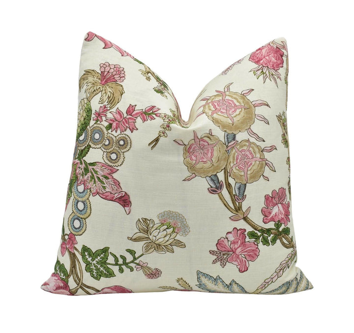 Thibaut - Chatelain - Pink - Designer French Floral Jacobean Cushion Cover - Cream Blush Green Preppy Chic Tree of Life Handmade Pillow.