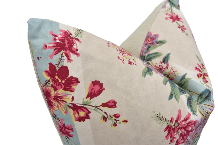 Lisa Fine - Mirabel - Lilac - Vintage Style Floral Designer Stripe Cushion Cover - Blue Cream Pink English Flowers Handmade Cotton Pillow.