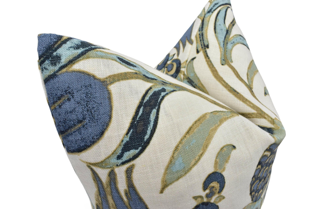 Thibaut - Corneila - Aqua and Blue - Indian Handprinted Designer Floral Cushion Cover - Navy Gold Moroccan Tulip Pomegranate Linen Pillow.