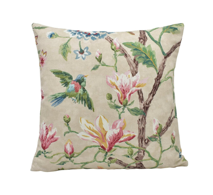 Colefax and Fowler - Belgrove - Pink / Green - Charming 18th Century Chinoiserie Floral Cushion Cover Vibrant Magnolia Designer Bird Pillow.
