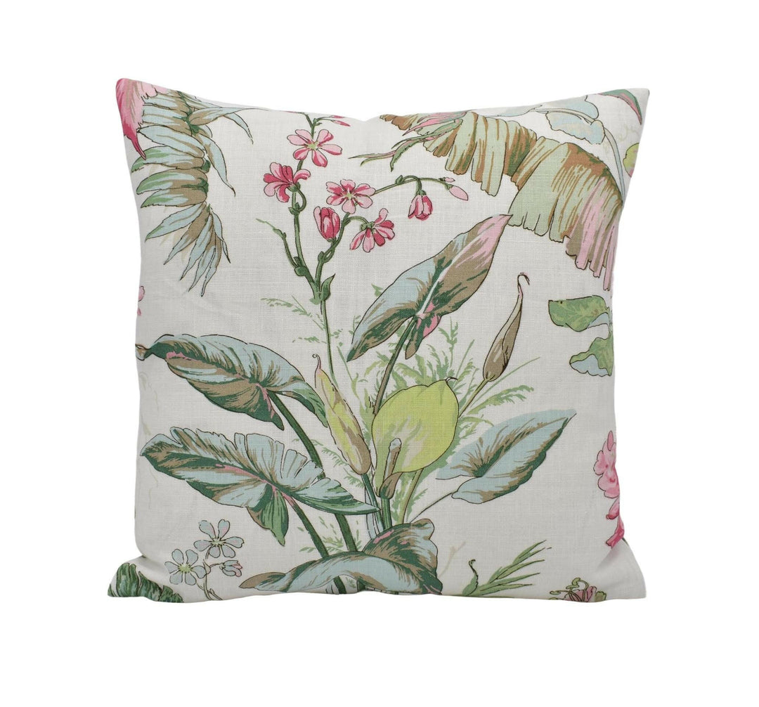 Schumacher - Tropique - Blush - Vintage Style Tropical Designer Floral Cushion Cover - Pink Green 1800's Soft Linen Art Deco Pillow Cover.