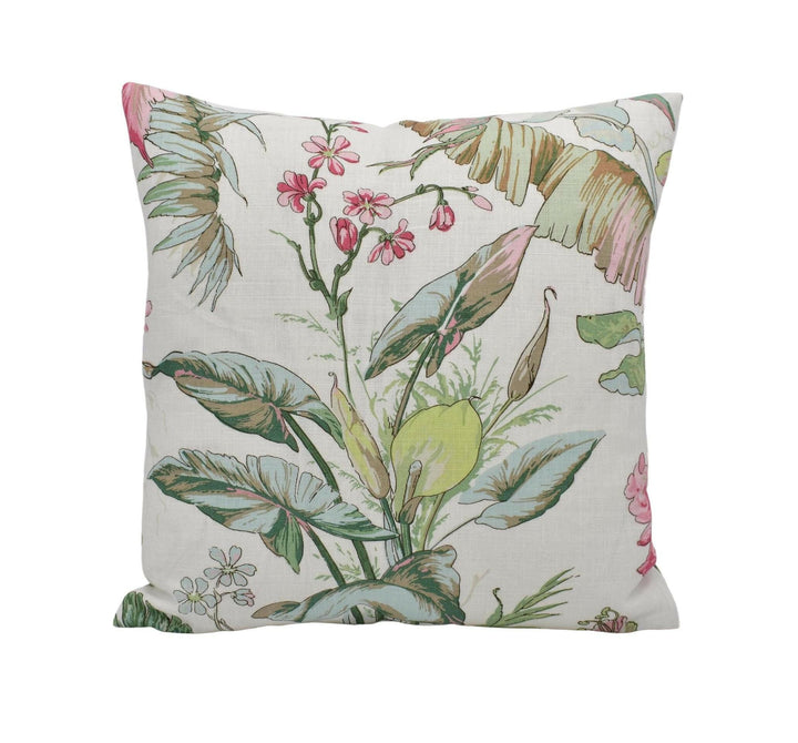 Schumacher - Tropique - Blush - Vintage Style Tropical Designer Floral Cushion Cover - Pink Green 1800's Soft Linen Art Deco Pillow Cover.