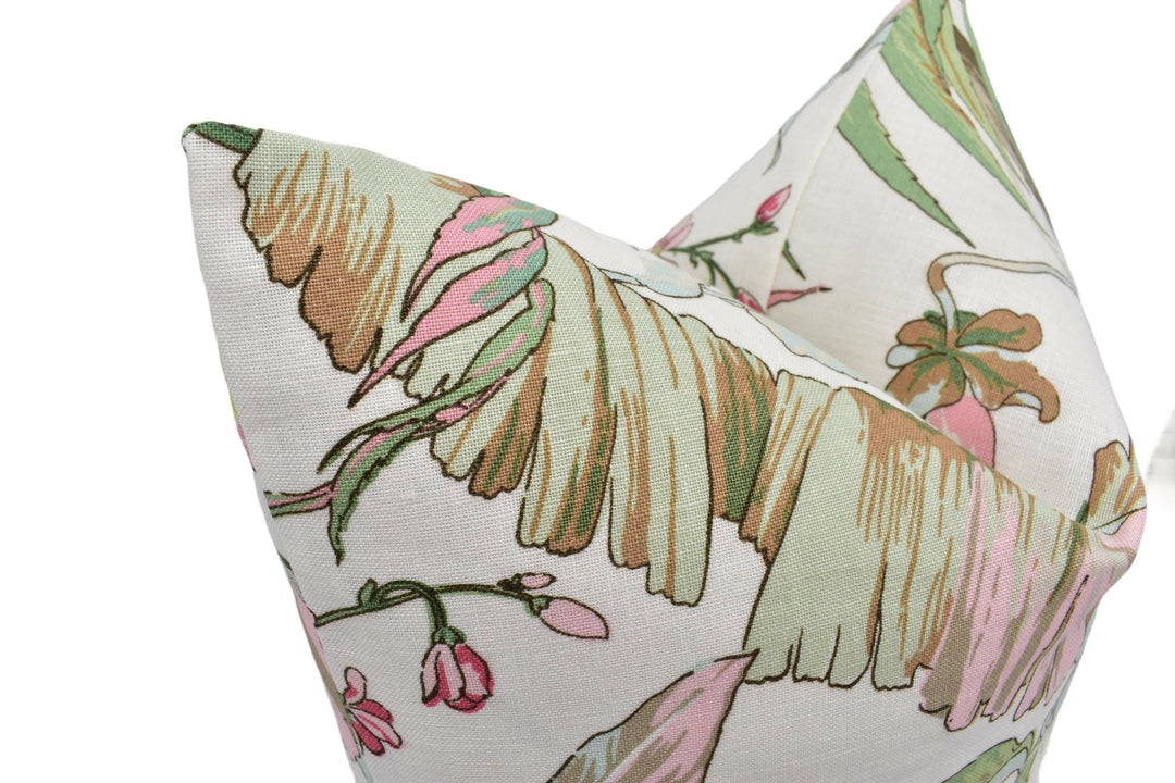 Schumacher - Tropique - Blush - Vintage Style Tropical Designer Floral Cushion Cover - Pink Green 1800's Soft Linen Art Deco Pillow Cover.