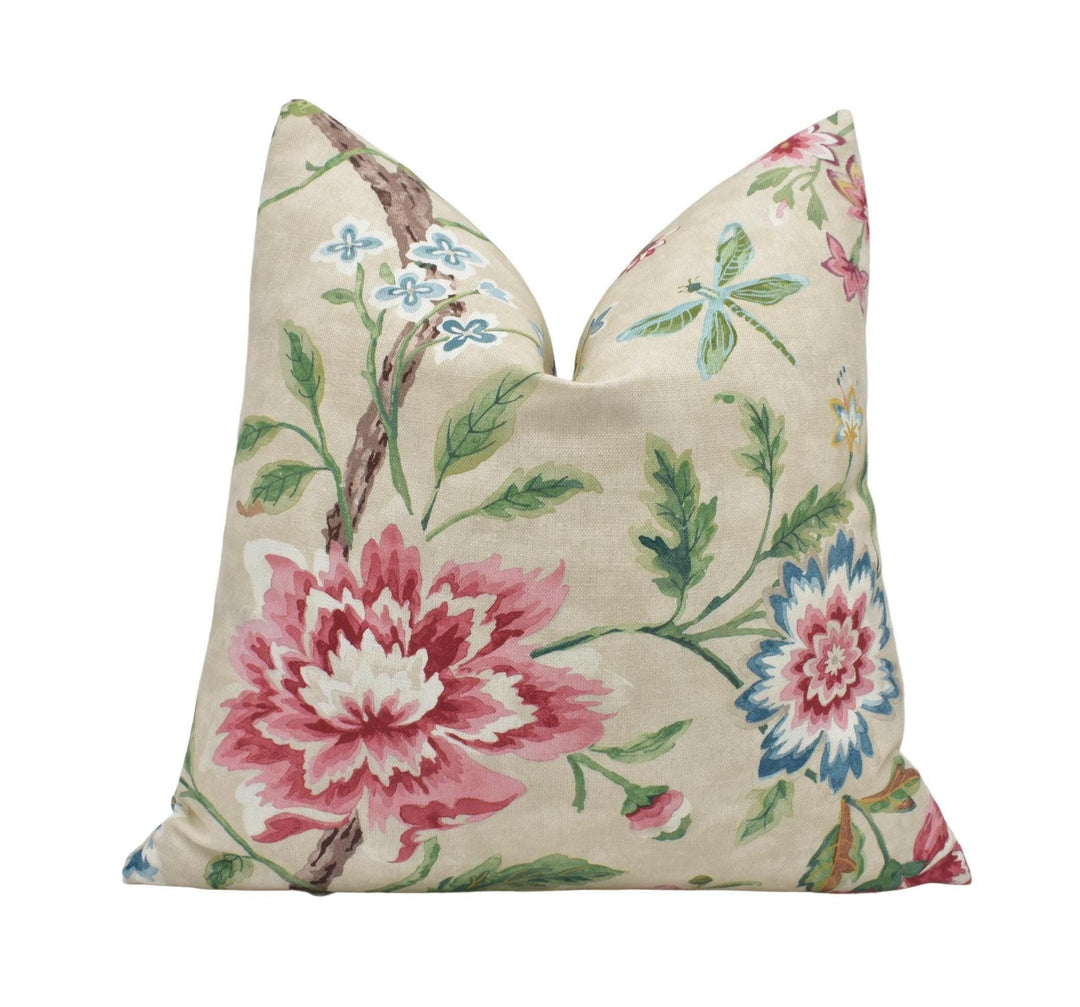 Colefax and Fowler - Belgrove - Pink / Green - Charming 18th Century Chinoiserie Floral Cushion Cover Vibrant Magnolia Designer Bird Pillow.