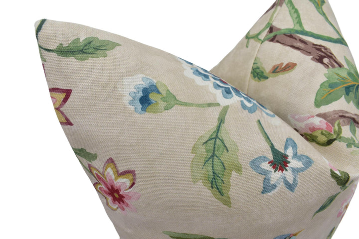Colefax and Fowler - Belgrove - Pink / Green - Charming 18th Century Chinoiserie Floral Cushion Cover Vibrant Magnolia Designer Bird Pillow.