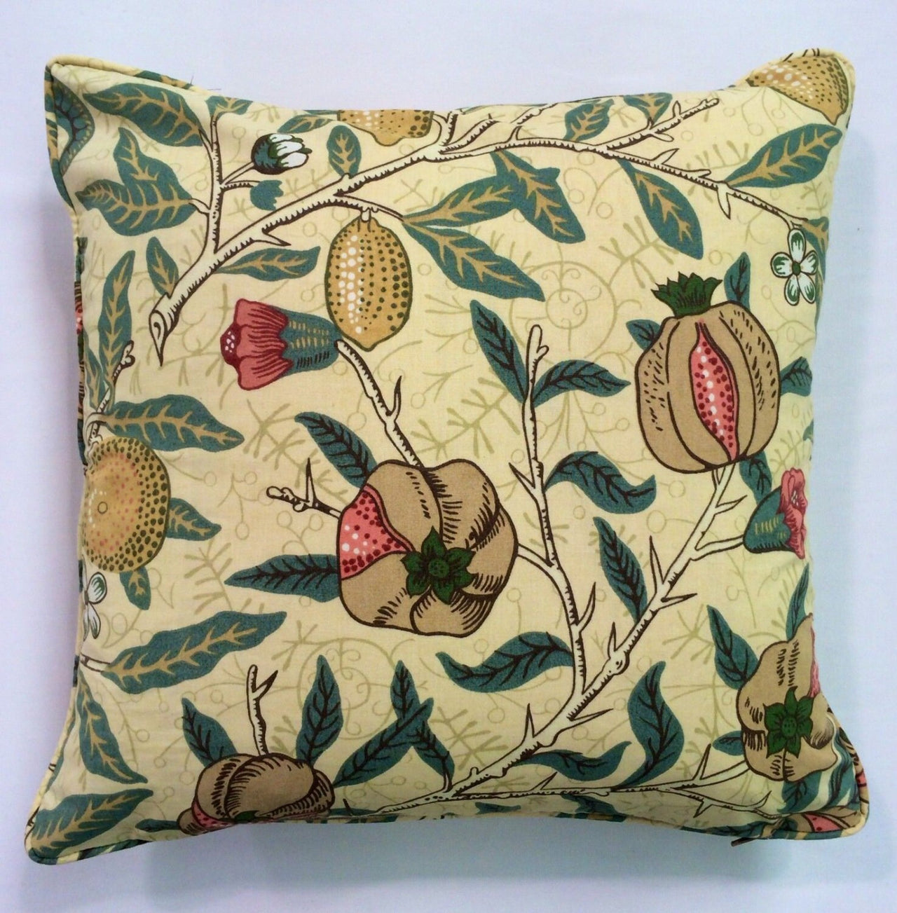 William Morris -  Fruit Major - Ivory / Teal - Self-Piped Cushion Cover Throw Pillow Designer Home Decor